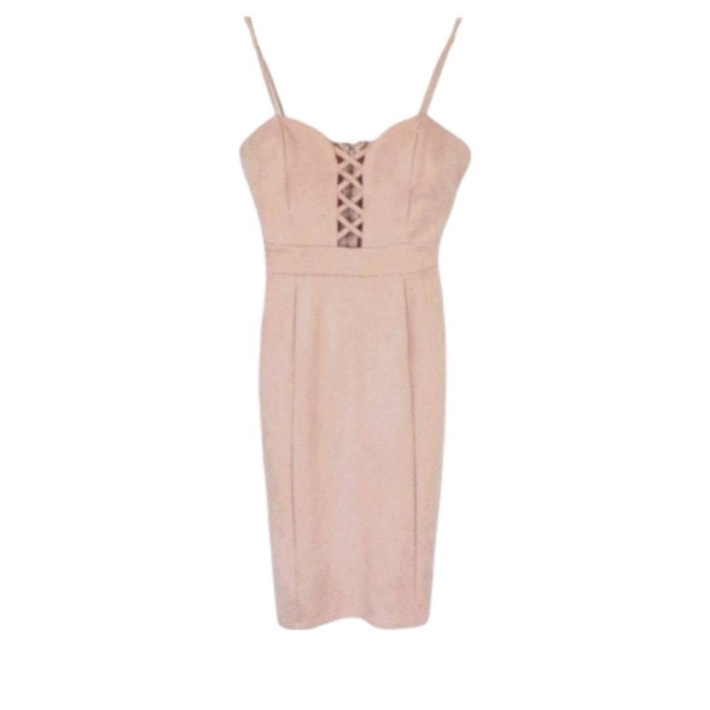 Romantic Sweetheart Crisscross Vegan Suede Pastel Pink Dress, S